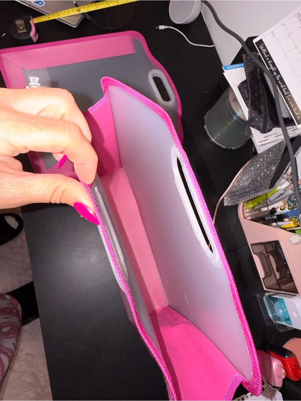 Pink-Trim Clear Tote Organizer with Handle
